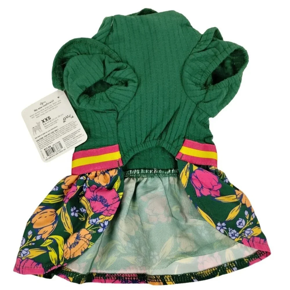 Youly Dog XXS 9 in Green Ruffle Shirt Floral Pet Dress